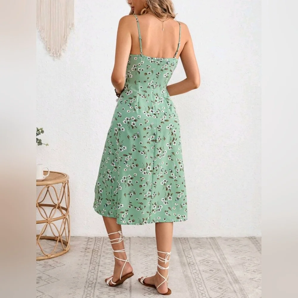 NEW Boho Chic Floral Tie Ruched Split Midi Dress Light Green White - Picture 4 of 7